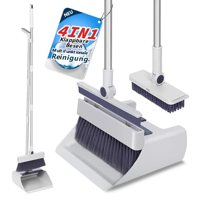 Sapisecret 4-in-1 Profi Kehrset mit 122cm Langem Stiel | 2X VERSTECKT: EIN-Knopf-Bodenbürste & Seitenschaber | inkl. Selbstreinigend & Rückenschonend (Grau/Weiß) Grau Weiß