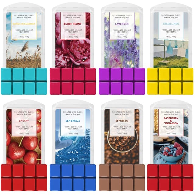 SCENTORINI Duftwachs Sojawachs Würfel für Wachswärmer 8 x 70,9 g Sea Breeze Leinen Winden im Sommer Espresso Kirsche Himbeere Zimt Lavendel Blush Peony Frühlings- und Sommerduft 🌸🌞☕🍒🌿