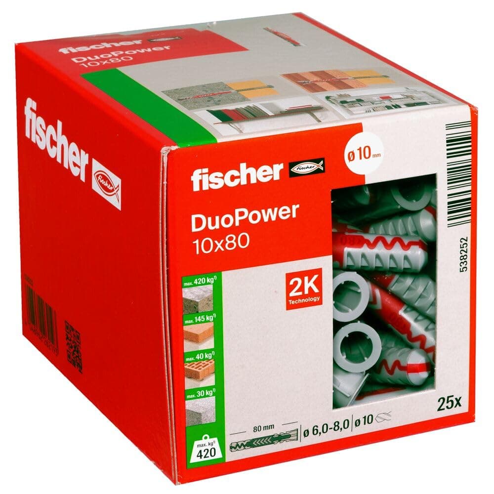 🔩 Fischer DuoPower 10 x 80 Universaldübel 25 Stück - Ohne Schraube