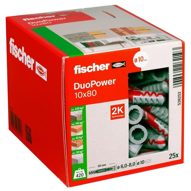 🔩 Fischer DuoPower 10 x 80 Universaldübel 25 Stück - Ohne Schraube