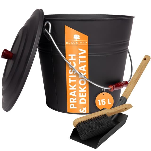 BLACK OAK Ascheeimer Katla 15L – Set Schaufel & Besen schwarz rund mit Deckel groß 15 Liter Stahl feuerfest verzinkt & pulverbeschichtet