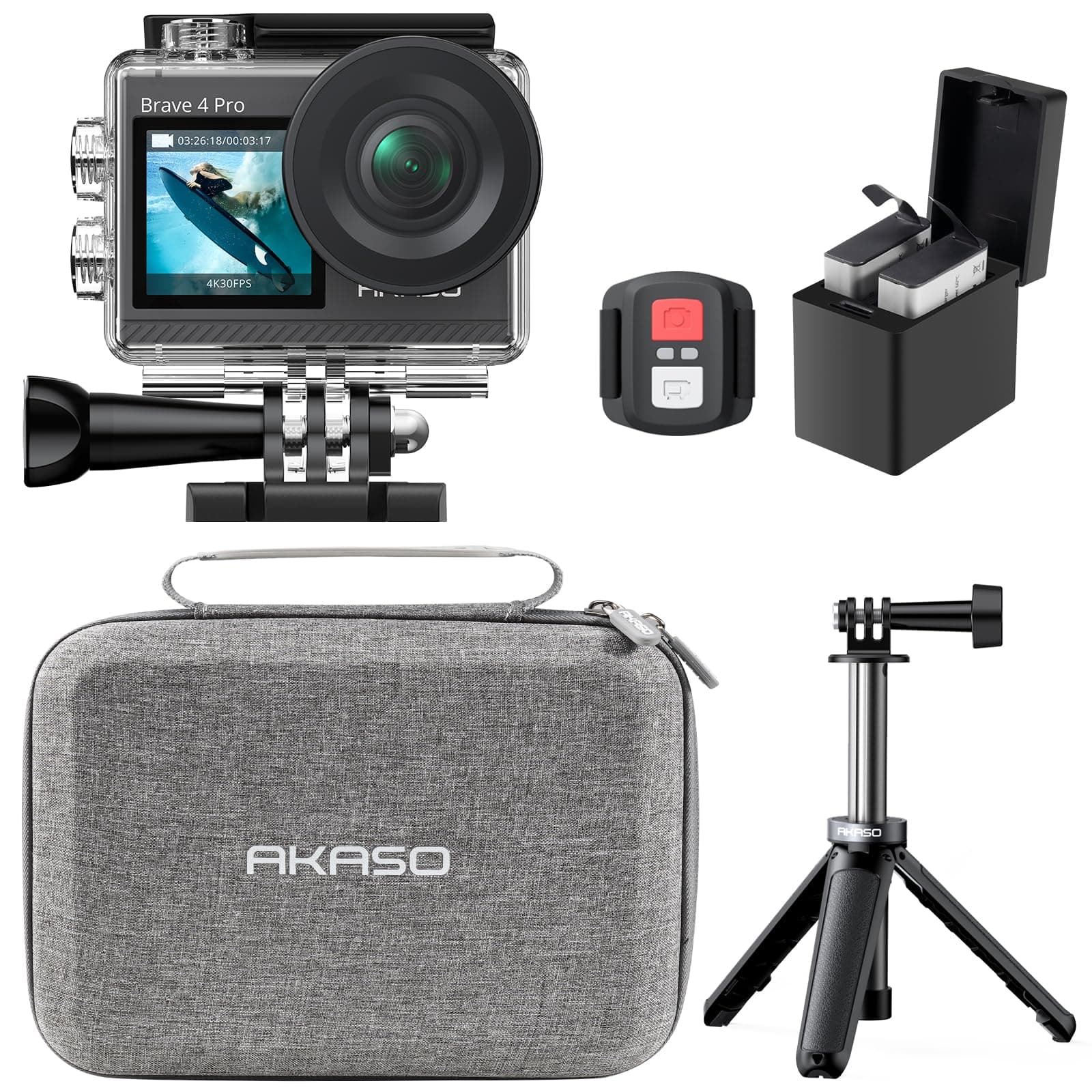 AKASO Brave 4 Pro Action Cam 4K30FPS 20MP mit 60cm Stativ Selfie Stick und Tasche 40M Unterwasserkamera 📷🌊