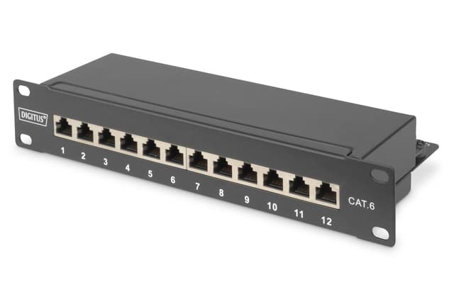 🔌 DIGITUS Cat-6 Patchpanel - 12 Ports - RJ45-Buchsen - 10-Zoll Rack-Mount 1HE - LSA Verteilerfeld - Geschirmt - Schwarz Cat6 - 12 Port - Geschirmt Schwarz