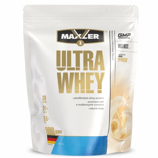 Maxler Ultra Whey Protein - 🏋️‍♂️ 24 g Protein pro Portion - Reines Whey Protein Pulver 🥛 - Molkenprotein-Konzentrat, Molkenprotein-Isolat, Molkenprotein-Hydrolysat - Mit BCAA - Bananen-Milchshake - 900g Bananen-Milchshake 900 g (1er Pack)