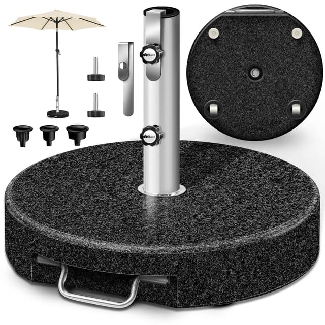 tillvex® Granit Sonnenschirmständer mit Rollen & Teleskopgriff 27 kg Rund | Sonnenschirmständer mit Edelstahlrohr
