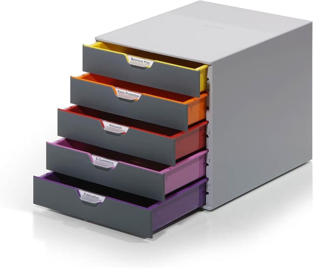 Durable Schubladenbox A4 (Varicolor) Ablagebox 5 Fächer, 🌈 mit Etiketten zur Beschriftung, mehrfarbig, 760527 - Angebot