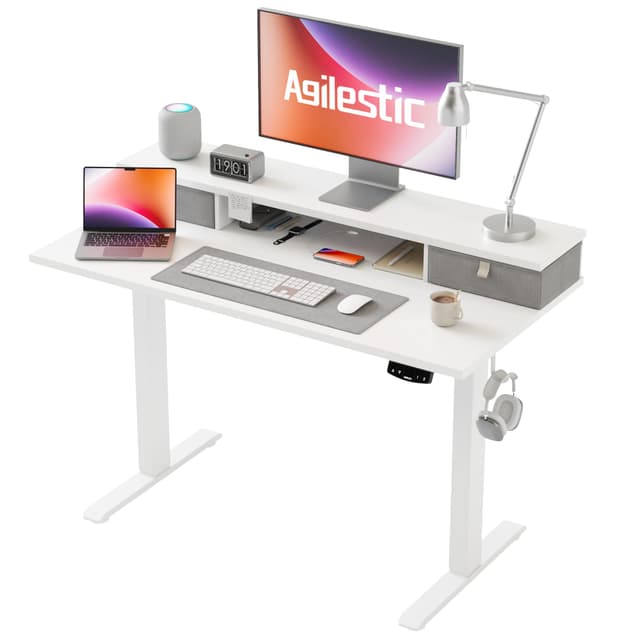 🌟Sonderangebot! Agilestic Höhenverstellbarer Schreibtisch mit 2 Schubladen, 100 x 60 cm - Weiß