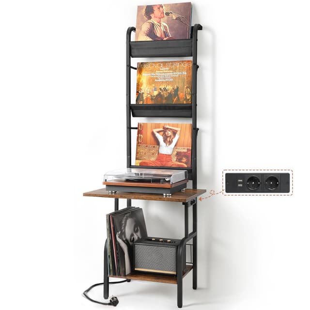 Vinyl Plattenspieler Tisch mit Aufbewahrung 🎶 - Bis zu 200 Alben Platz - Schallplatten Schrank Schwarz&Braun