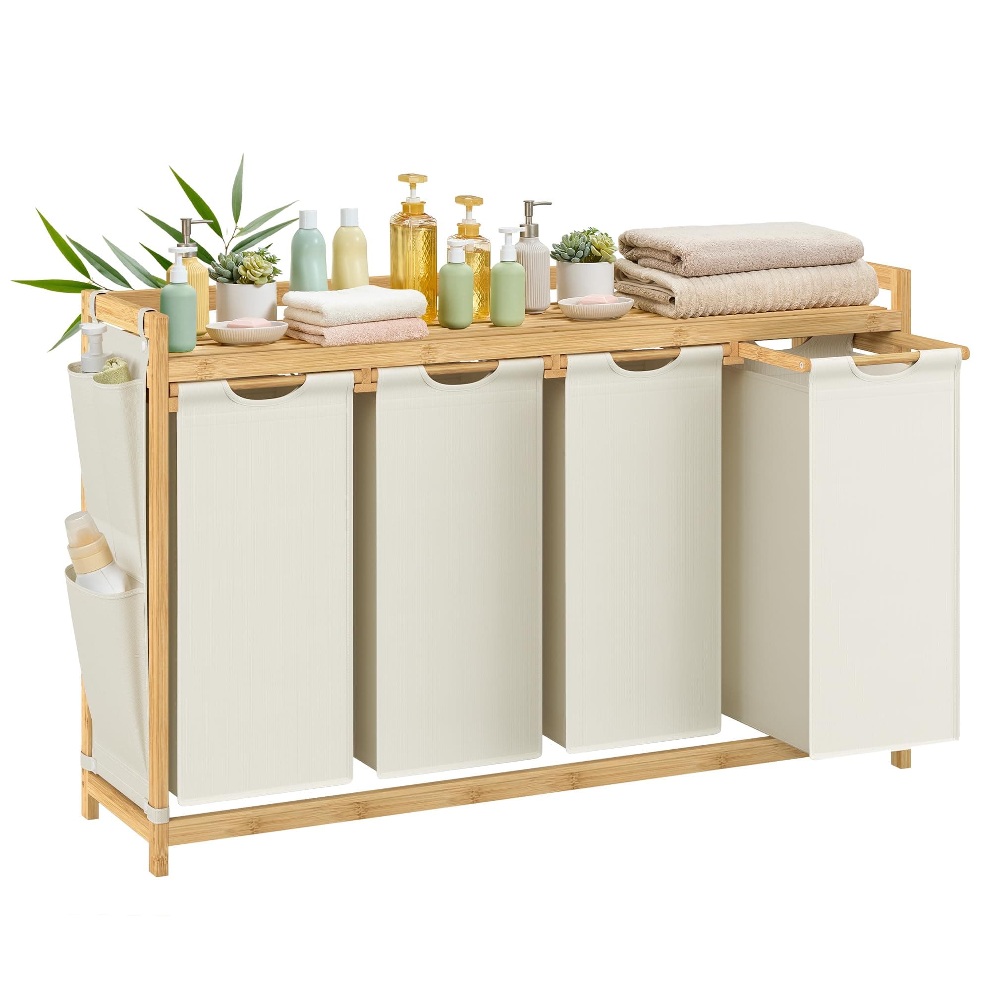 SONGMICS Wäschekorb 4 Fächer, Bambus, Wäschesammler 200 L, Wäschesortierer 🧺🌿