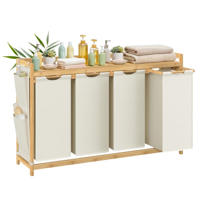 SONGMICS Wäschekorb 4 Fächer, Bambus, Wäschesammler 200 L, Wäschesortierer 🧺🌿