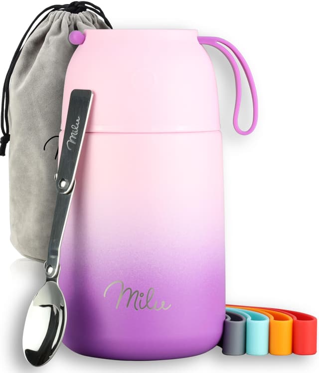 Milu® Thermobehälter für Essen 450ml, Edelstahl, Thermo Lunchbox, Suppenbehälter to go, Thermobox, Thermodose zum Warmhalten Suppen, Babybrei, Speisebehälter, breiwärmer unterwegs, Rosa Violett