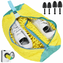 2 in 1 Schuhwaschbeutel Waschmaschine, Doppel Reißverschluss Doppeltaschen Schuhbeutel Gelb