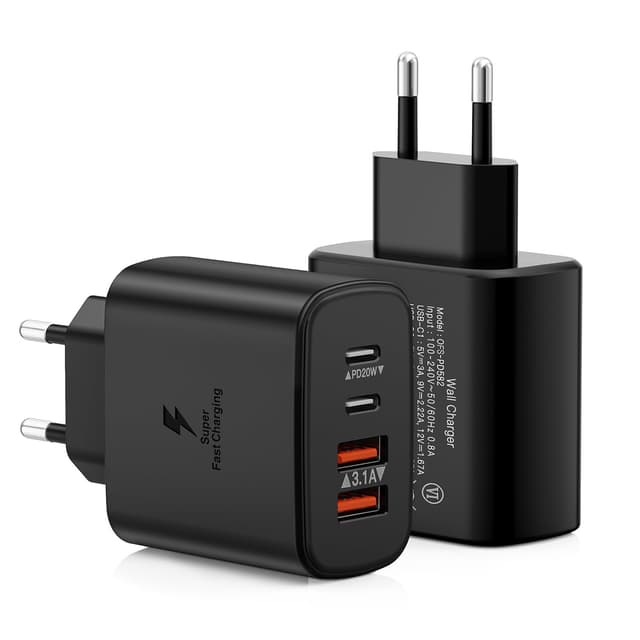2-Pack USB C Ladegerät, 4 Ports Mehrfach USBC Stecker mit PD + QC, USB Schnellladegerät Type C Power Adapter Netzteil für iPhone 16 15 14 Pro Max Plus 13 12 11, Samsung, Handys Fast Charger 2-pack schwarz