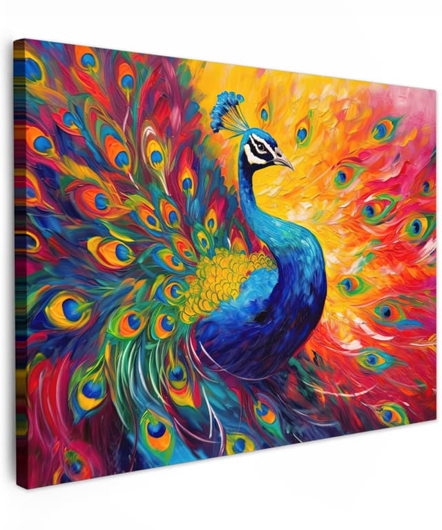 MuchoWow© Bild auf Leinwand 40x30 cm Schlafzimmer Bilder Wand Deko Wohnzimmer Modern Wanddeko Bilderwand Geschenk Kunstdruck - Bunt - Pfau - Kunst - Malerei - Pfauenfedern