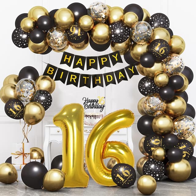 Bluelves Deko 16. Geburtstag Schwarz Gold 🎈🎉