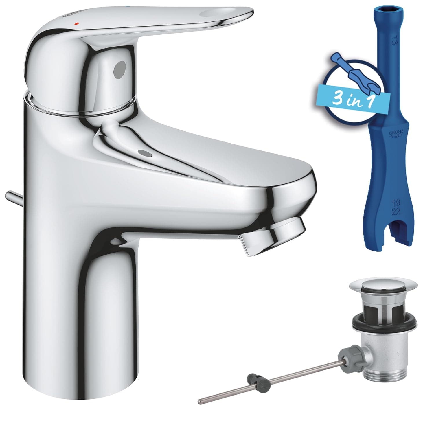 GROHE Swift Waschtischarmatur mit Zugstangen-Ablauf 🚿  Wassersparend - Chrom 24316001
