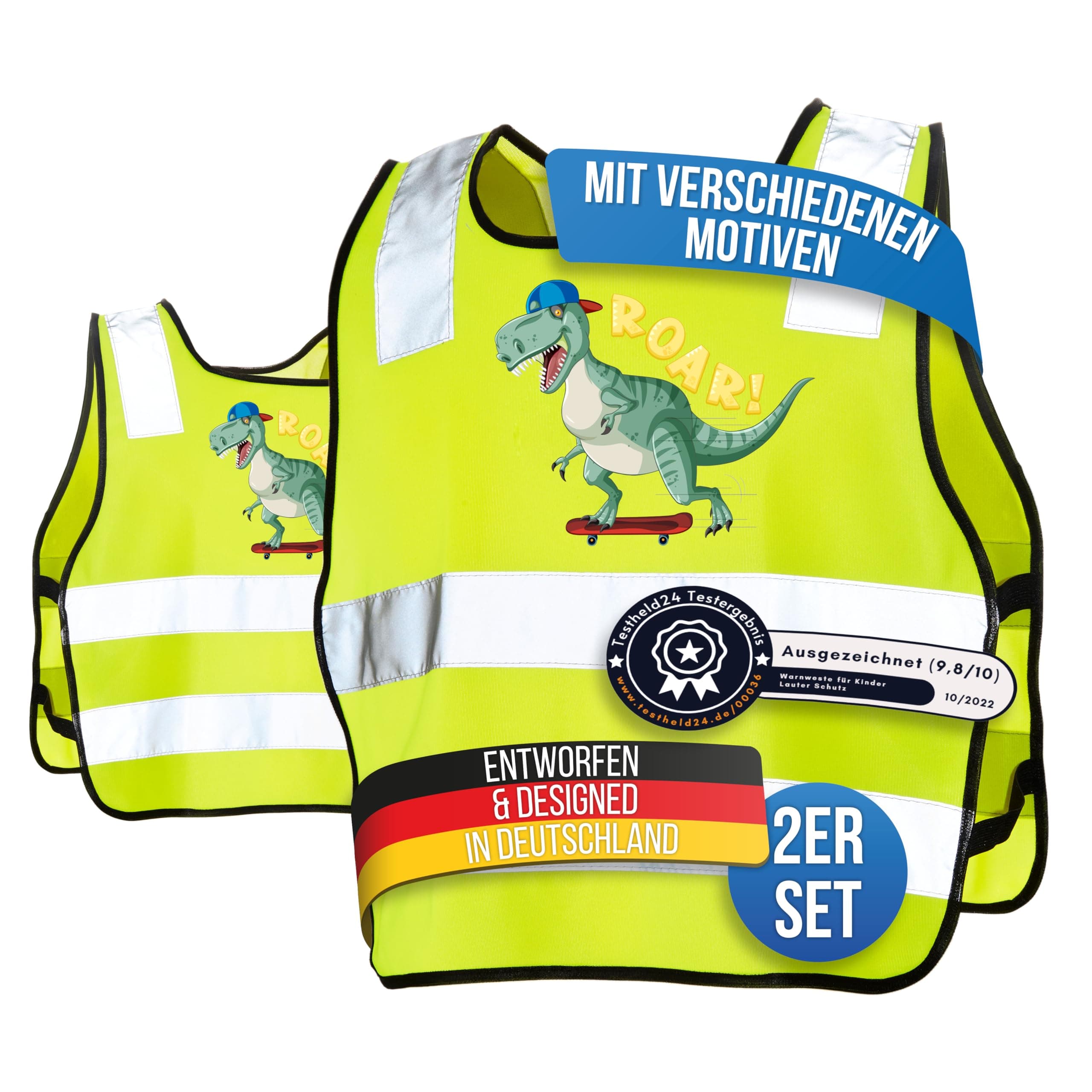 🦖👧👦 LAUTER SCHUTZ ® Warnweste Kinder [2 Stück] - Dino Design