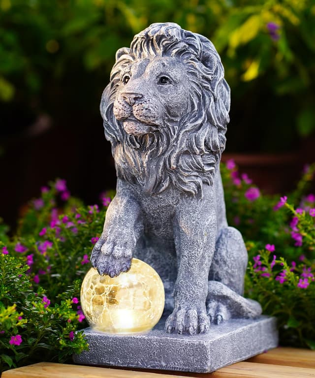 🦁 Yeomoo Löwen Figuren Deko mit Solarlampen Kugel Gartendeko - Löwe Solar Deko für Außen Garten Lowe Geschenk für Männer Frauen Mama Geburtstagsgeschenk Wasserdicht Dekoation für Wohnzimmer Balkon 1.löwen Figur Deko Grau