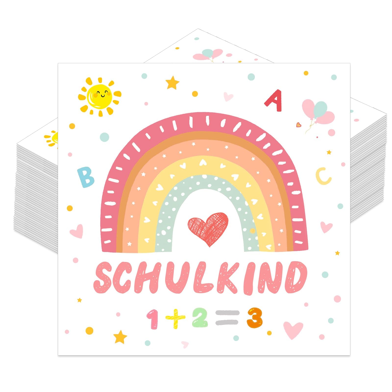 Servietten Einschulung 40 Stück, Rosa Regenbogen Einschulung Servietten für Mädchen