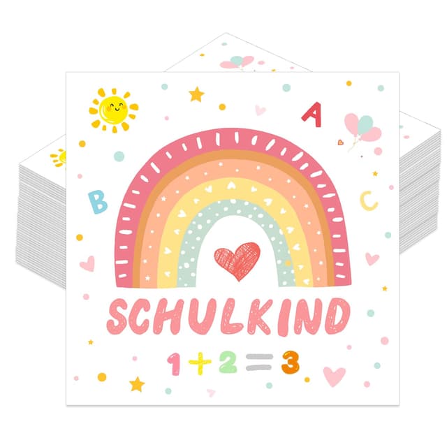 Servietten Einschulung 40 Stück, Rosa Regenbogen Einschulung Servietten für Mädchen