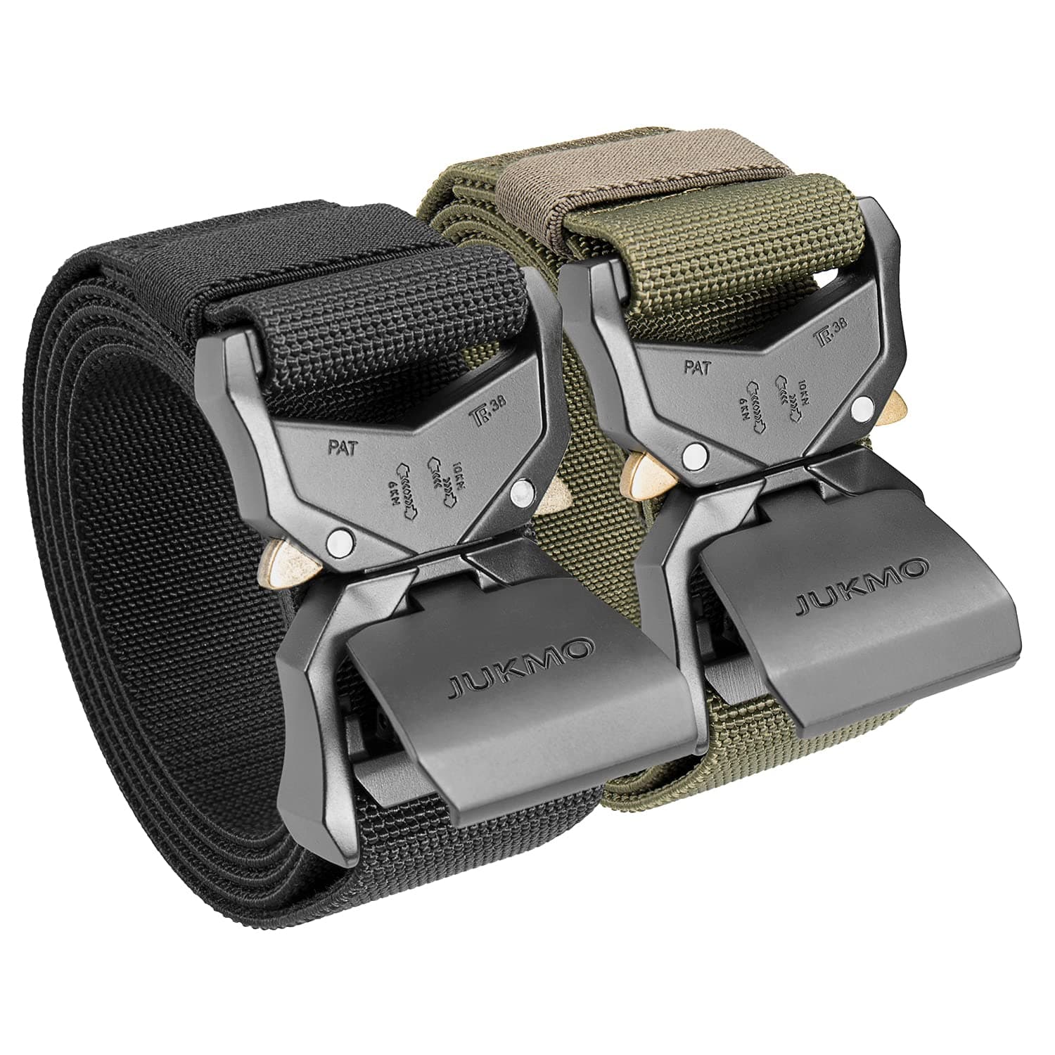 🌟 JUKMO Taktischer Gürtel, Militär-Wandergürtel, 3,8 cm, Nylon-Web-Arbeitsgürtel mit robuster Schnellverschluss-Schnalle, 2 Stück Schwarz+grün M-für Taille 91cm-105cm (Länge 125cm) 🌟