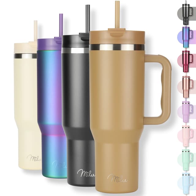 Milu Thermobecher 1200ml mit Strohhalm und Henkel – 48h Eis/24h kalt/12h heiß Edelstahl Tumbler 40oz mit Griff