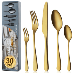 🍴 BEWOS Besteck Set für 6 Personen - 30-teilig Titanium Gold Essbesteck Set 🍴