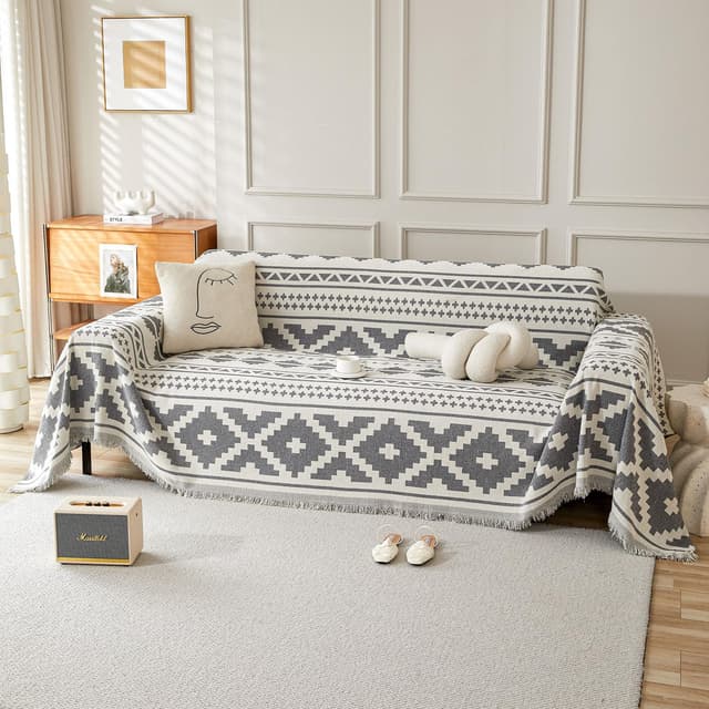 SHANNA Sofa Überwurfdecke Chenille | Groß: 180 x 260 cm Geometrisches Grau
