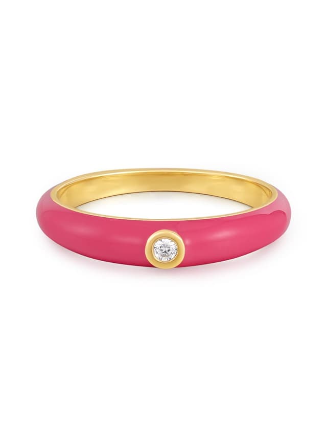 GLANZSTÜCKE MÜNCHEN Damen Ring aus 925/- Sterling Silber gelbvergoldet 14 Karat mit Emaille pink Zirkonia weiß Silberring 🌟