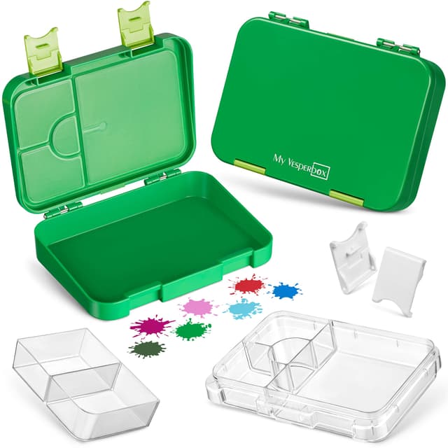 🌱 My Vesperbox – Len - Bento Box Kinder - Lunchbox mit 4+2 Fächern - extrem robust – Brotdose – Brotbox ideal für Kindergarten und Schule… (Grün) Grün Len 21x15x4,5cm
