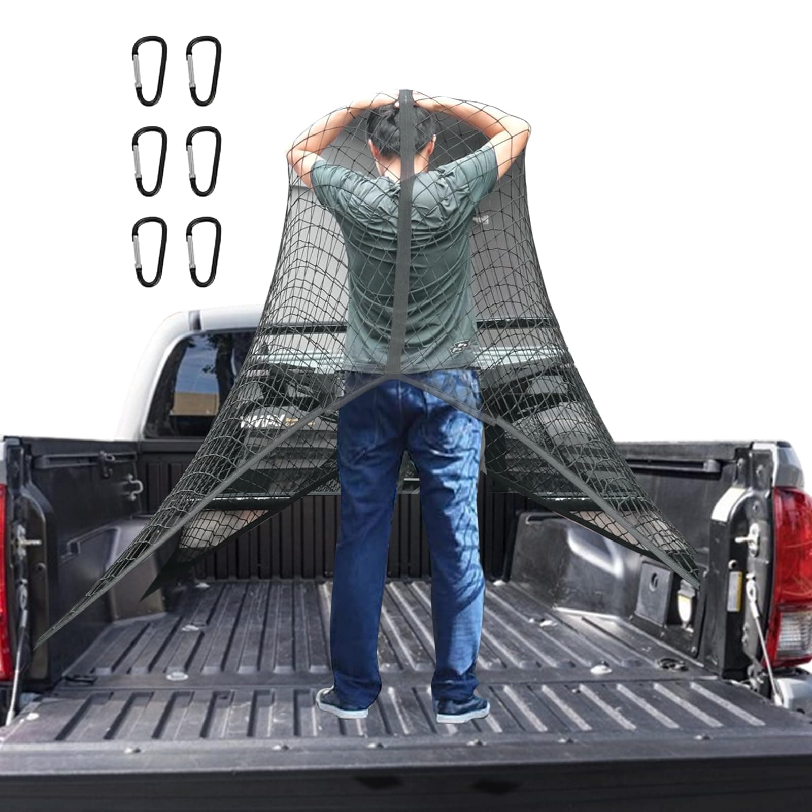 🚚🔗 APKOL Hochelastisches Gepäcknetz & LKW-Bett-Organizer - 1.2x1.2m bis 2.1x2.1m - 6 Metallhaken