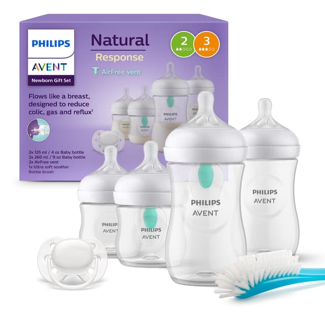 🍼🎁 Philips AVENT Babyflaschen mit AirFree Ventil Geschenkset - 4 Babyflaschen, Schnuller, Flaschenbürste 🍼🎁
