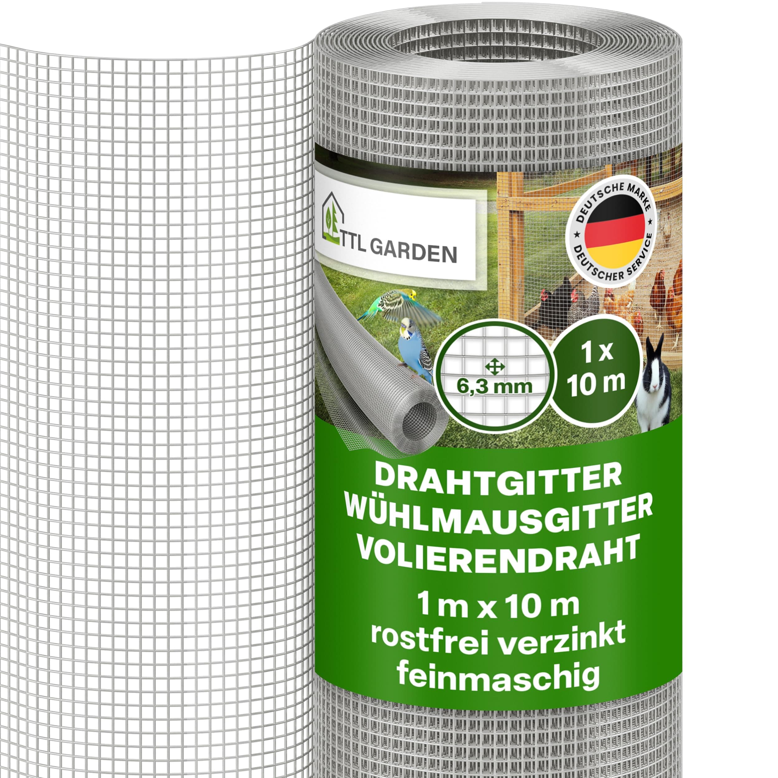 TTL GARDEN Drahtgitter feinmaschig rostfrei verzinkt 6,3mm Masche 0,55 mm Draht - 10m x 1m Rolle