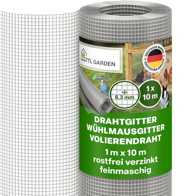 TTL GARDEN Drahtgitter feinmaschig rostfrei verzinkt 6,3mm Masche 0,55 mm Draht - 10m x 1m Rolle
