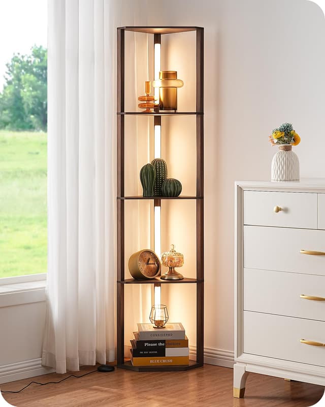 EDISHINE Stehlampe mit 4 Holz-Regal 🌟 Standleuchte Wohnzimmer 🛋️ LED Dimmbar Stehleuchte 3-Farbtemperatur