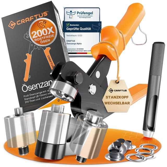 CRAFTUS® Alpha Ösenzange für Planen & Stoffe mit wechselbarem Stanzkopf [10mm] I Ösenpresse mit 200 rostfreien Edelstahl Ösen Set I Ösenzange Set mit Magnetkopf 🛠️