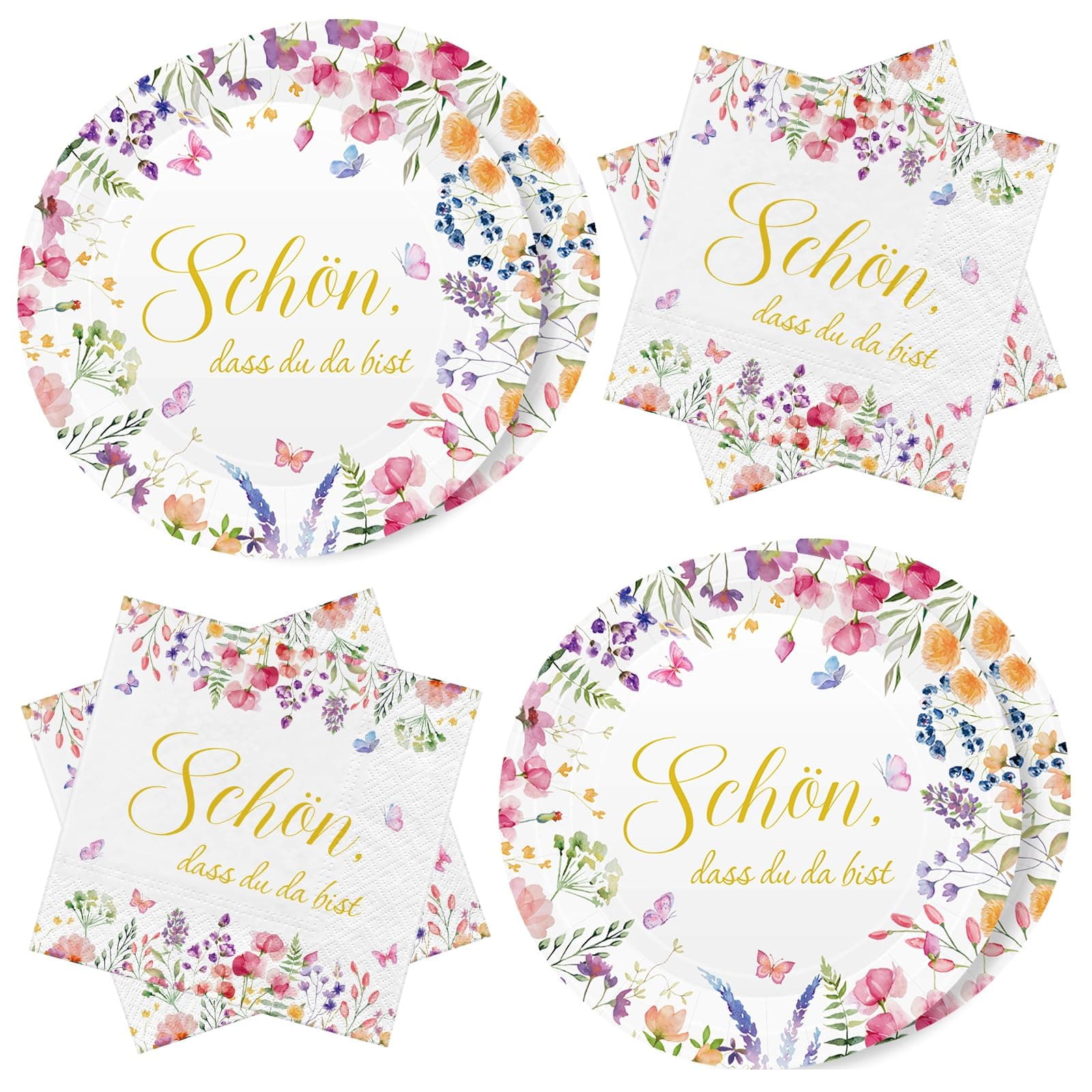 WenmthG 40 Stück Servietten Pappteller Hochzeit Deko 🌸🎉 - Blumen mit Spruch Schön dass du da bist 💖 - Servietten 3-Lagige weich, Pappteller wasserdicht