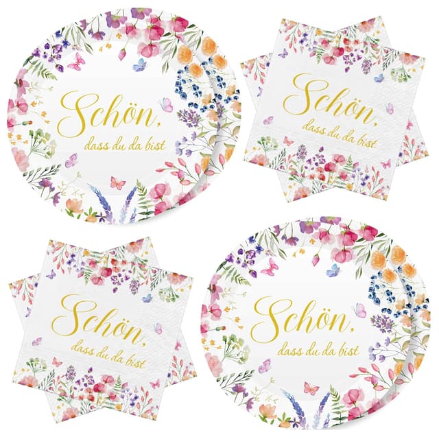 WenmthG 40 Stück Servietten Pappteller Hochzeit Deko 🌸🎉 - Blumen mit Spruch Schön dass du da bist 💖 - Servietten 3-Lagige weich, Pappteller wasserdicht