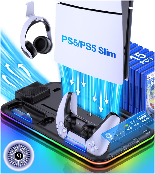 🎮 ALEEMTRY PS5 Ständer Zubehör für PS5 Slim Neu, PS5 Standfuß mit 3-Stufig Lüfter PS5 Kühler/RGB Licht/15 Spiele Aufbewahrung