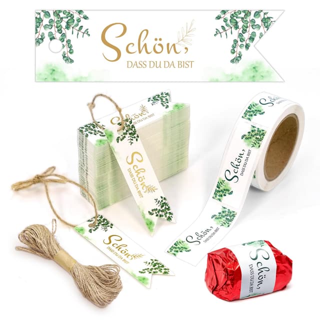 🎉 Schön, dass du da bist - 100 Aufkleber für Pralinen, 100 Geschenkanhänger Eukalyptus 🎁
