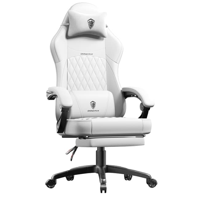 Dowinx Gaming Stuhl 🎮 Rennender Gamer-Thron 🕹️ Ergonomischer Gaming-Sessel mit Lendenwirbelstütze, PU Leder, Weiß