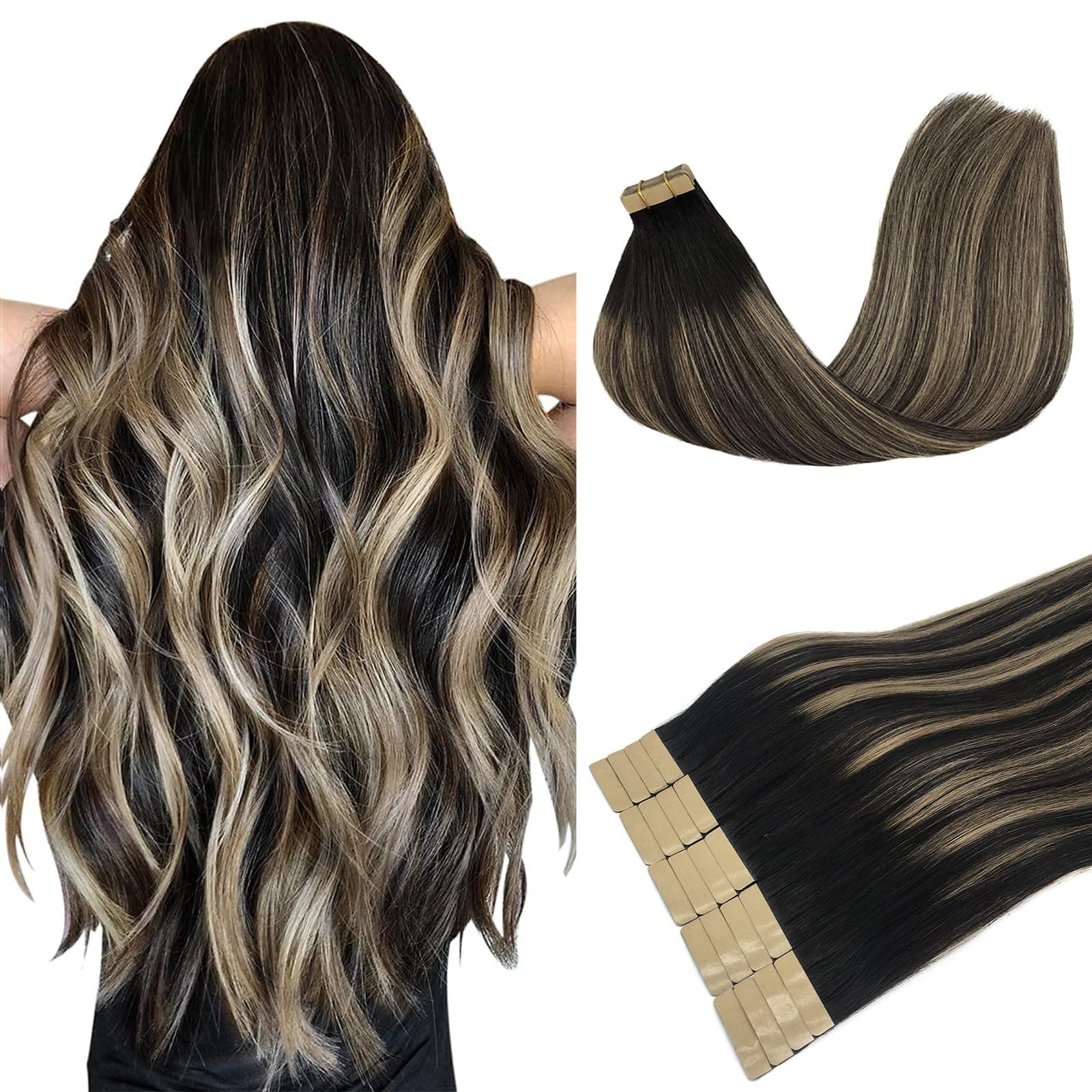 DOORES Extensions Echthaar Tape in, Balayage Natürliches Schwarz bis Hellblond 45cm (18zoll) 50g 20pcs