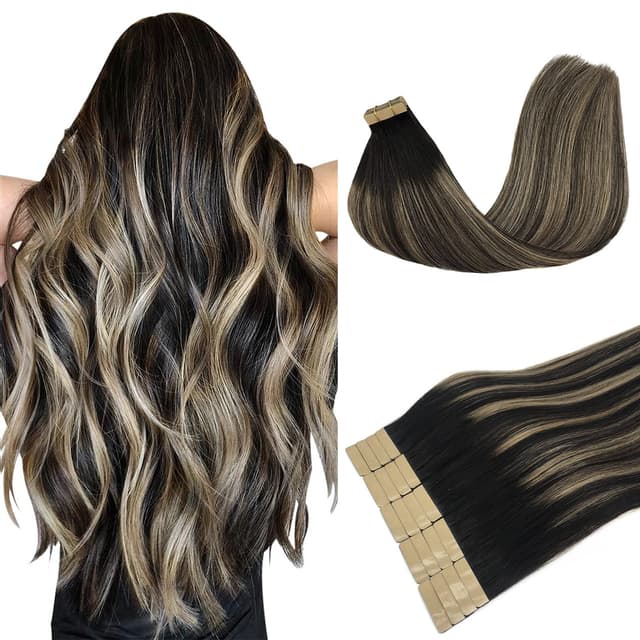 DOORES Extensions Echthaar Tape in, Balayage Natürliches Schwarz bis Hellblond 45cm (18zoll) 50g 20pcs