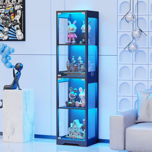 BROTTAR Glasvitrine mit Dreifarbig LED Beleuchtung und Glastüren, Glasvitrine Stehend mit Körpersensor-System, Schwarz (40 x 35 x 160cm) 🌟