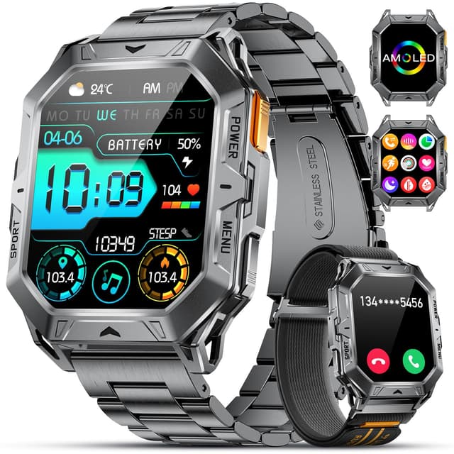 LIGE Smartwatch Herren Militär-1000mAh 🌟 Großes Akku, 2.13" AMOLED Sportuhr ⌚