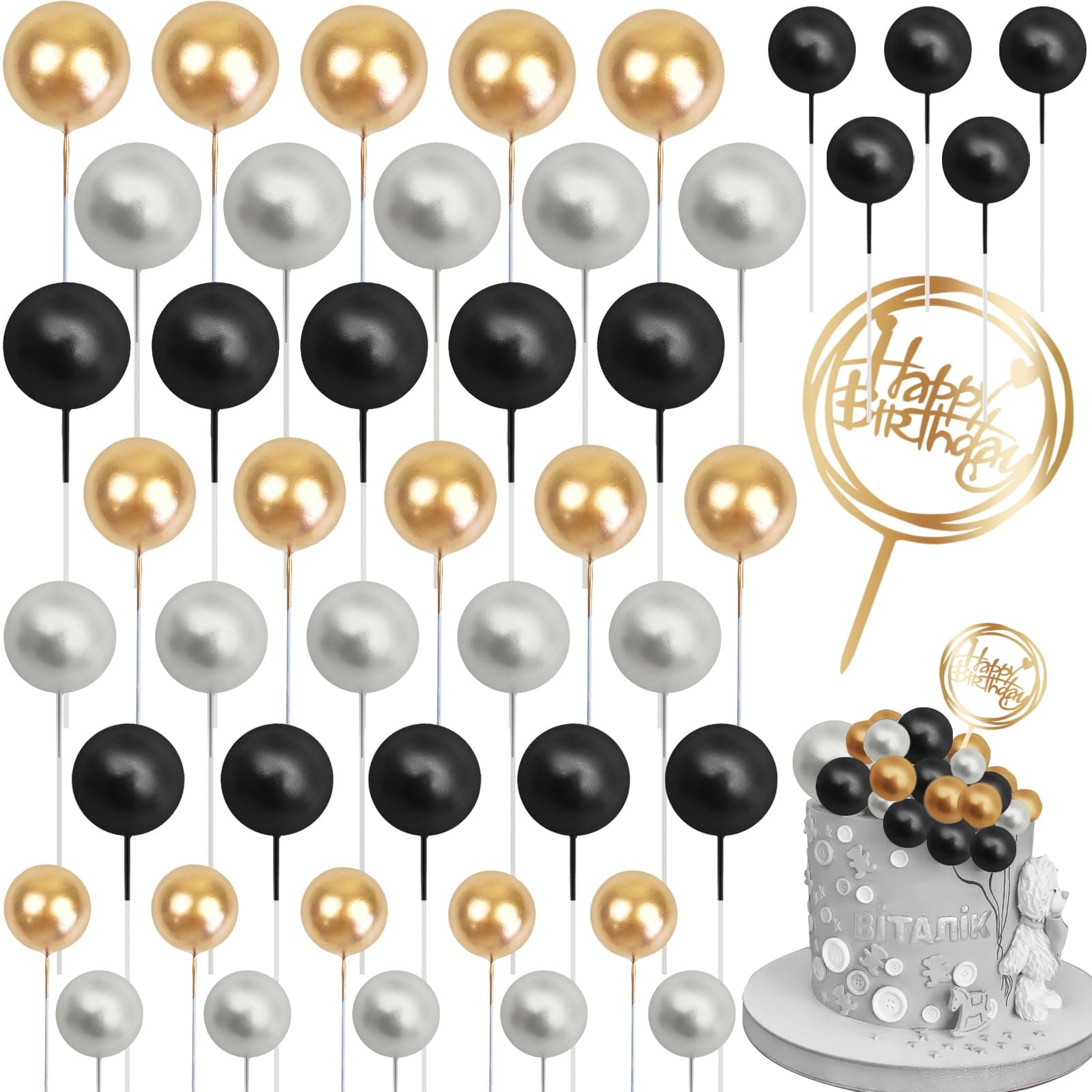 Tortendeko Kugeln Set - Schwarz und Gold - Happy Birthday Cake Topper