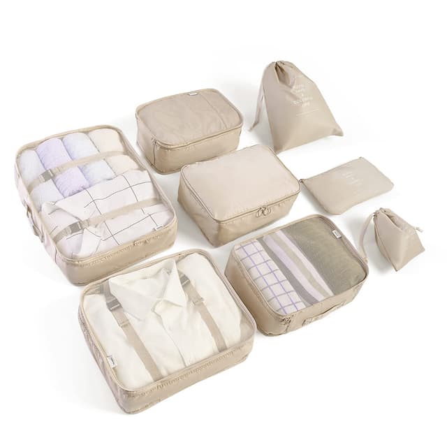 🌟 BillyBath Koffer Organizer Set - Reiseorganizer Packwürfel Kosmetik Travel Organizer Packtaschen für Koffer (8 teilig, Beige) 🧳✨