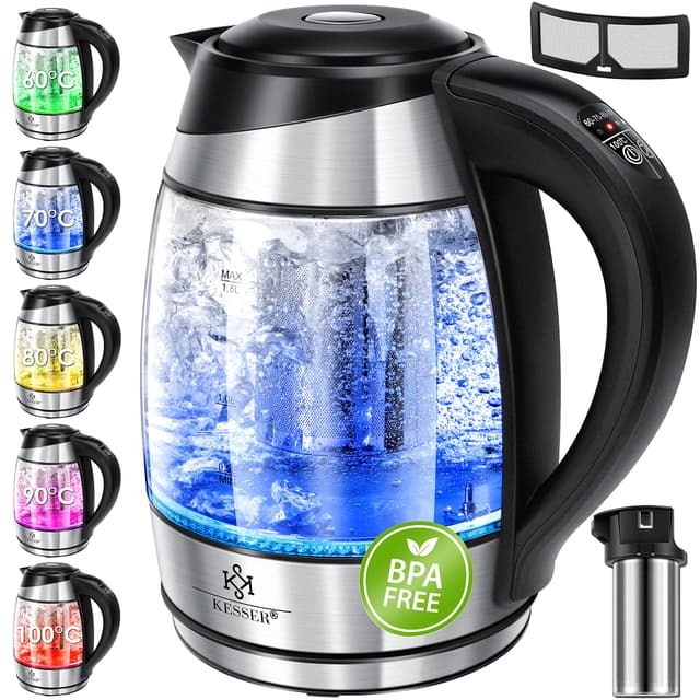 🌟 KESSER® Wasserkocher 1,8L Edelstahl mit LED Beleuchtung-Farbe je nach Temperaturwahl 60, 70, 80, 90, 100 °C | Glaswasserkocher inkl. Teesieb-Einsatz und Kalk-Filter | Warmhaltefunktion Schwarz/Silber 🌟