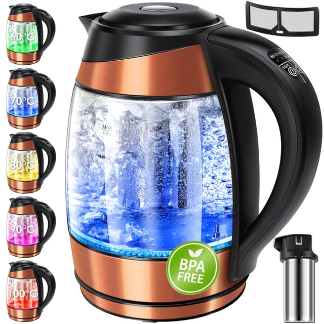 🌿🔥 KESSER® Wasserkocher 1,8L Edelstahl mit LED Beleuchtung-Farbe je nach Temperaturwahl 60, 70, 80, 90, 100 °C 🌡️ | Glaswasserkocher ink. Teesieb-Einsatz und Kalk-Filter | Warmhaltefunktion Kupfer