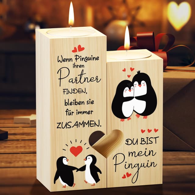 Blumuze Jahrestag Geschenk für Ihn Sie 🐧 Kerzenständer Pinguin Geschenk Für Männer Frauen